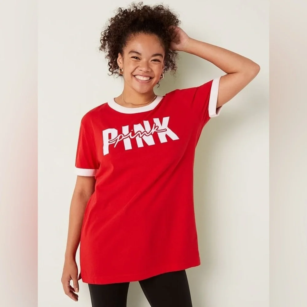 VS VICTORIAS SECRET PINK CAMPUS SHORT SLEEVE TEE TOP PIN UP RED XXL